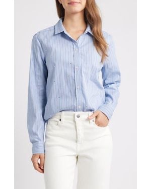 Beach Lunch Lounge Lynden Embellished Stripe Cotton Blend Button-Up Shirt - Blue