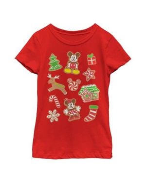 Mickey & Friends Girl's Christmas Gingerbread Cookies Collage Graphic T-Shirt - Red