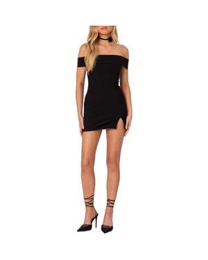 knee length dresses for ladies Edikted Off Shoulder Sequin Knit Mini Dress - Brown