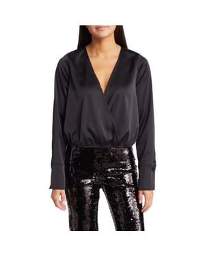 GOOD AMERICAN Long Sleeve Stretch Satin Faux Wrap Top - Black