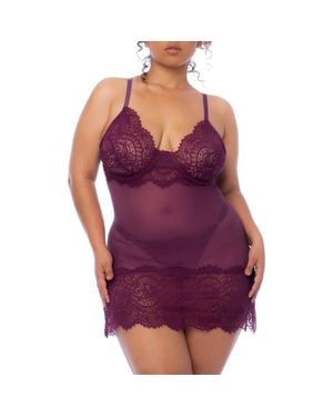 MAPALE Lace Trim Babydoll Chemise & G-String Set - Purple