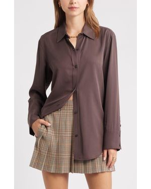 Open Edit Relaxed Fit Long Sleeve Button-Up Shirt - Brown