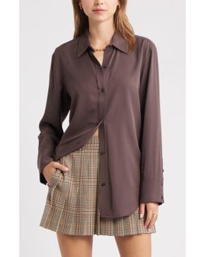 Open Edit Relaxed Fit Long Sleeve Button-Up Shirt - Brown