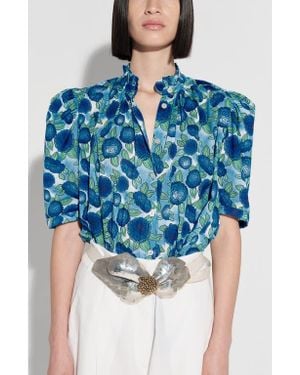 De Loreta Tapir Ruffle Short Sleeve Button-Up Cotton Shirt - Blue