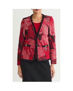 Ming Wang Floral Jacquard Ruffle Trim Jacket - Red