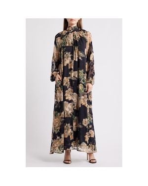 MELLODAY Botanical Tie-Neck Maxi Dress - Black