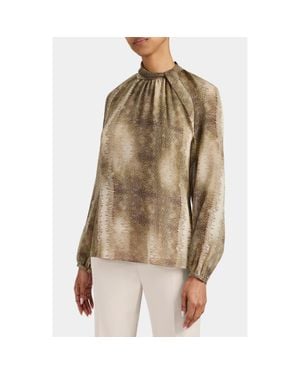 Santorelli Dakota Mock Neck Printed Blouse With Long Lantern Sleeves - Natural