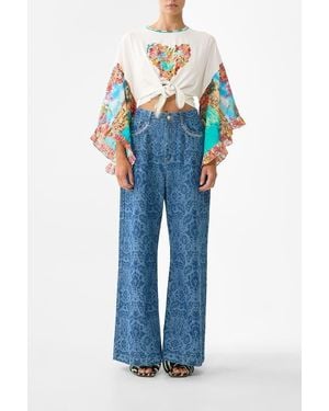 CAMILLA Tie Front Ruffle Sleeve T-Shirt - Blue