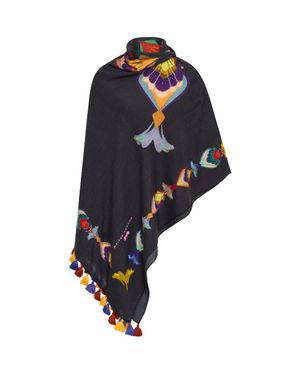 Maison Common Hand Embroidered Scarf With Tassels - Blue