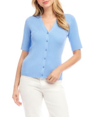 Karen Kane Rib Short Sleeve Cardigan - Blue