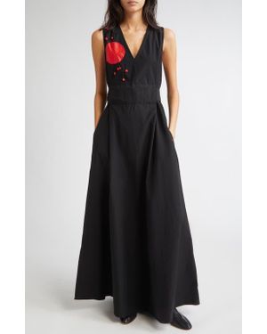 KÚR Anthurium Appliqué Sleeveless Cotton Dress - Black