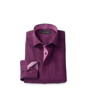 Paul Fredrick Cotton Spandex Spread Collar Twill Classic Contrast Trim Button Cuff Long Sleeve - Purple