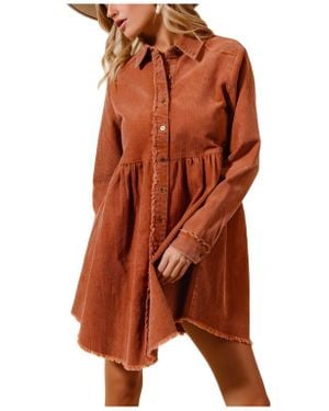 Knit & Lounge Corduroy Shirt Dress With Frayed Trim And Button Front Detail - Orange