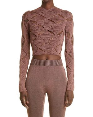 Isa Boulder Argyle Lace Cutout Crop Sweater - Brown