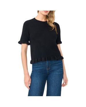Cece Ruffle Trim Short Sleeve Sweater - Black