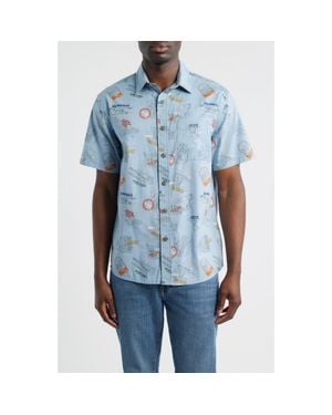 Pendleton Shoreline National Park Print Short Sleeve Cotton Button-Up Shirt - Blue