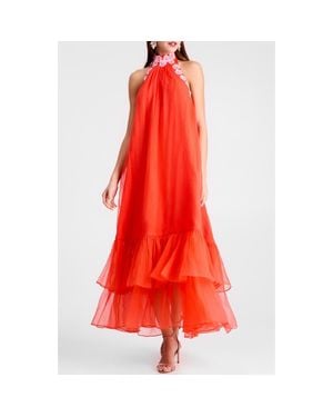HELSI Romy Floral Appliqué Tiered Crinkle Chiffon Halter Dress