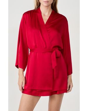 Etam Confidence Deshabille Lace Trim Satin Robe - Red