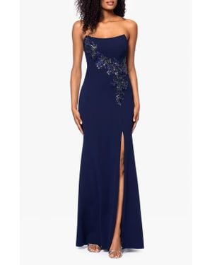 Betsy & Adam Beaded Floral Detail Strapless Scuba Crepe Gown - Blue