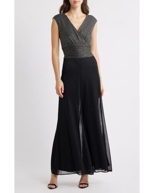 Connected Apparel Metallic Bodice Wide Leg Jumpsuit - Black