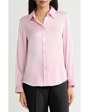 Kasper Point Collar Satin Button-Up Shirt - Pink