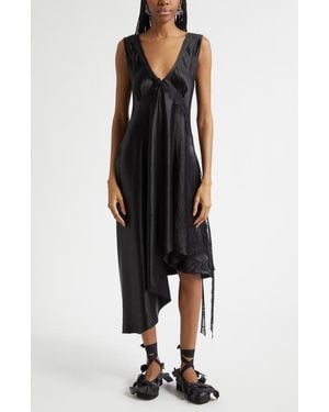 Collina Strada Tulip Asymmetric Lace Trim Satin Dress - Black
