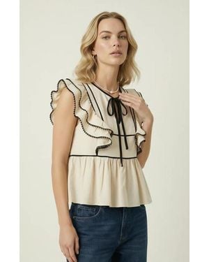 Modenaire Ruffle Sleeve Peplum Front Tie Top - Natural