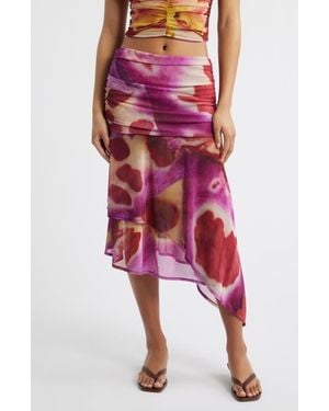 Feners Festa Print Asymmetric Hem Midi Skirt - Red