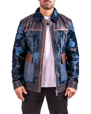 Maceoo Resistance1018 Colorblock Genuine Calf Hair & Leather Jacket - Blue
