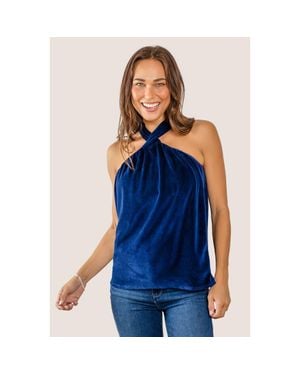 JJwinks Cosmo Built-In Shelf Velour Halter Top - Blue