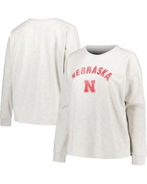 Profile Nebraska Huskers Plus Size Distressed Arch Over Logo Neutral Boxy Pullover Sweatshirt - White