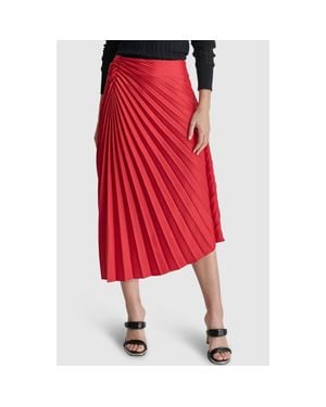 DKNY Asymmetric Hem Pleated Satin Skirt - Red