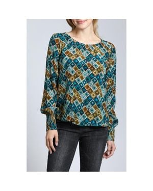 Apny Printed Smocked Cuff Top - Blue