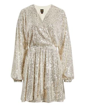 BOSS Dillio Sequin Mesh Long Sleeve Cocktail Dress - White