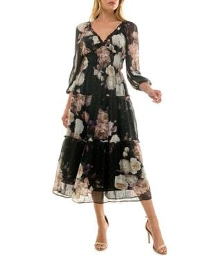 Socialite Floral Balloon Sleeve Tiered Midi Dress - Black
