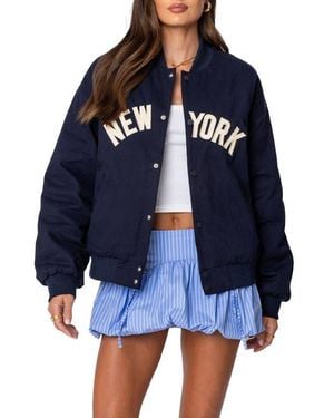Edikted Oversized Vintage-Inspired Appliqué Bomber Jacket - Blue