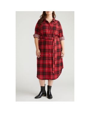 UNIVERSAL STANDARD Morgan Long Sleeve Stretch Flannel Midi Shirtdress - Red