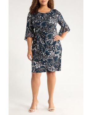 Connected Apparel Bell Sleeve Faux Wrap Dress - Black