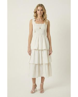 Modenaire Tiered Smocked Bow-Tie Strap Midi Dress - Natural