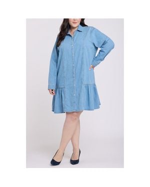 NYDJ Ruffle Hem Long Sleeve Denim Shirtdress - Blue