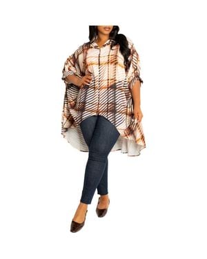 Buxom Couture Mixed Geo Print High-Low Button-Up Shirt - Multicolor