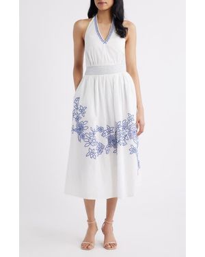 Eliza J Placed Embroidery Halter Neck Cotton Midi Dress - White