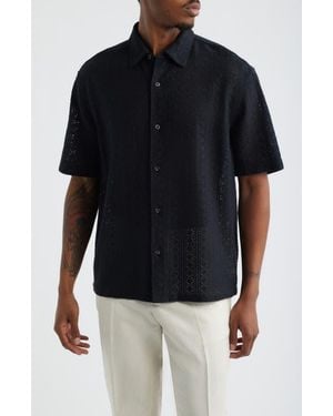 Open Edit Boxy Lace Short Sleeve Button-Up Shirt - Black