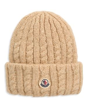 Moncler Cable Stitch Logo Patch Alpaca & Wool Blend Beanie - Natural