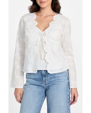 Guess Aida Floral Embroidered Tie Front Long Sleeve Top - White