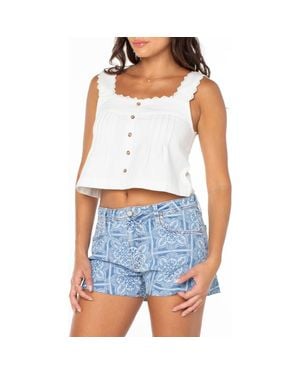 Roxy Hazy Hyacinth Lace Trim Pintuck Crop Cotton Top - Blue