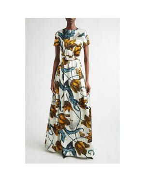 Erdem Tulip Print Belted Drop Waist Duchesse Satin Gown - Metallic