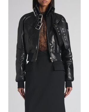 McQueen Belt Detail Lambskin Leather Bomber Jacket - Black