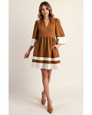 Modenaire Fit-And-Flare Mini V-Neck Cuffed-Sleeve Contrast-Trim Dress - Natural