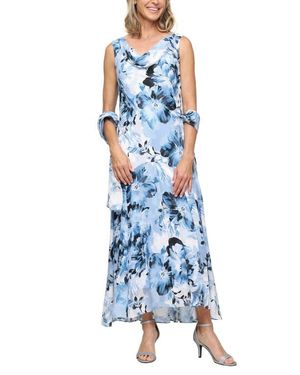 Alex Evenings Floral Burnout Chiffon Gown With Shawl - Blue